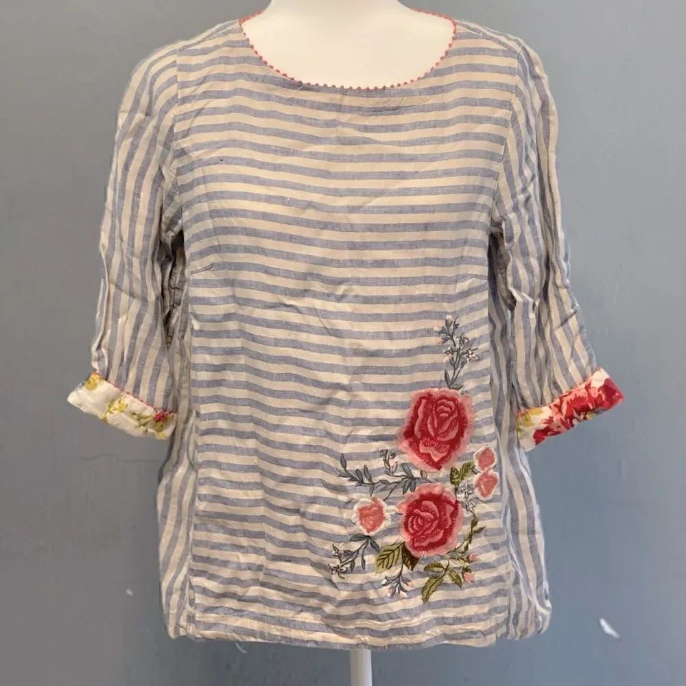 COPY - J.jill love linen 💯% striped embroidered top S petite